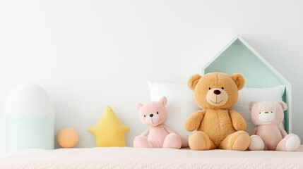 Cozy and inviting kids bedroom with pastel decor, cheerful stuffed animals, and a soft pink quilt in warm