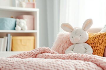 Cozy and inviting kids bedroom with pastel decor, cheerful stuffed animals, and a soft pink quilt in warm