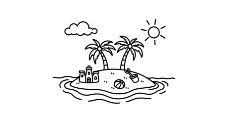 Obraz premium Tropical island doodle with palm trees and sandcastle