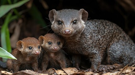 Fototapeta premium A mother mongoose with her two adorable kits