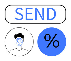 Geometric face scan, bold SEND button, percentage sign in blue. Ideal for AI, tech innovation, data analysis, online payments, security tools, user interfaces abstract line flat metaphor