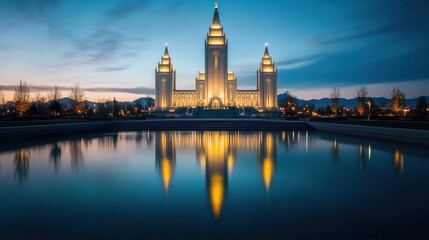 Obraz premium Almaty Temple: A Serene Reflection at Twilight