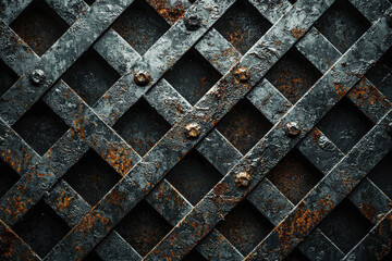 Industrial metal grate pattern showcasing grime, rust, and scratches in dark tones with high detail and clarity