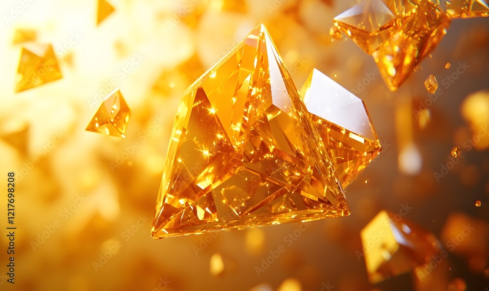 Poster abstract golden pyramids with sparkling highlights floating in a warm gradient background