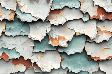 Obraz premium Rusty metal surface showcasing layered textures and peeling paint in muted colors of gray, white, and teal with rust