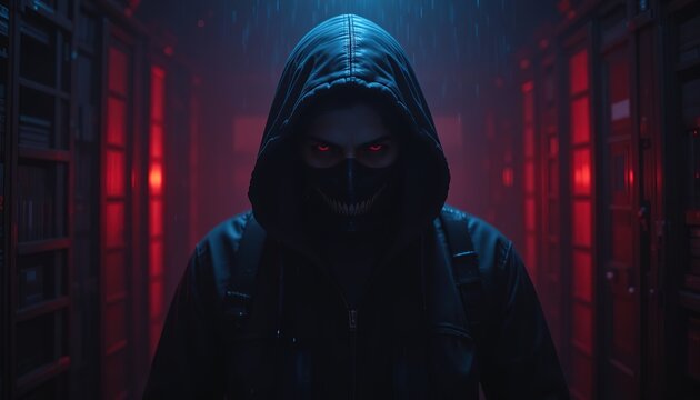 Hacker or scammer character in the dark with their face obscured by the hood, standing under dim red lighting, HD image