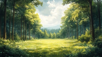 Obraz premium Sunny clearing amid a forest with trees, meadow, & mountains used for landscape, scenic, & outdoor concepts