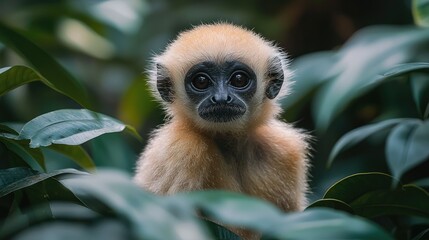 Fototapeta premium Young Gibbon Monkey Amidst Lush Green Foliage