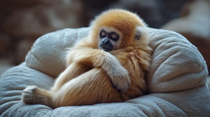 Fototapeta premium Adorable Golden Gibbon Napping Comfortably in Chair