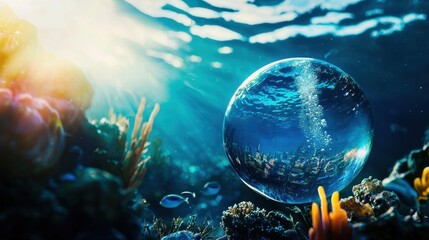 A vibrant underwater scene featuring a crystal-clear bubble amidst colorful coral and aquatic life, illuminated by sunlight filtering through the water.