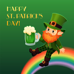 Charming vector illustration of a cheerful leprechaun sitting on a rainbow, holding a mug of frothy green beer, with a 'Happy St. Patrick's Day' greeting. A vibrant and playful design perfect for