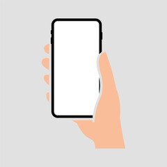 Hand holding smartphone vertically with blank screen vector illustration. Phone with empty screen, phone mockup.