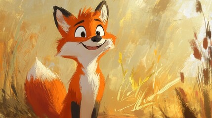 Happy Cartoon Fox in Autumn Meadow Digital Painting Wildlife Illustration