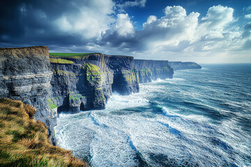 Rugged coastal cliffs showcase crashing waves under a dynamic sky