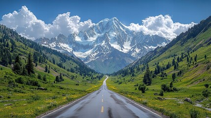 Naklejka premium Panoramic view of a beautiful mountain road in front of snow-capped mountains.