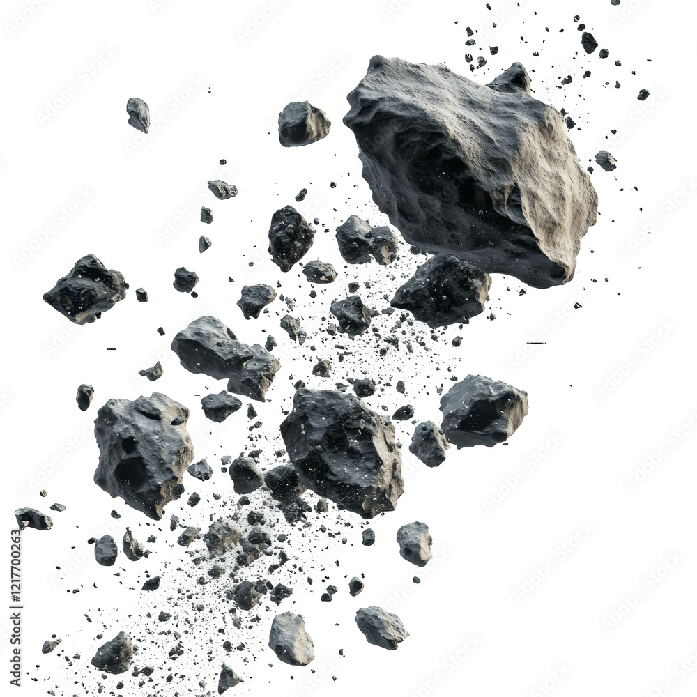 Poster floating asteroids in space isolation against a transparent backdrop illustrating cosmic debris, ast