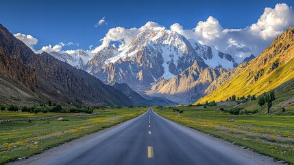Fototapeta premium A winding road leads through a valley in the mountains, with snow capped peaks and lush greenery