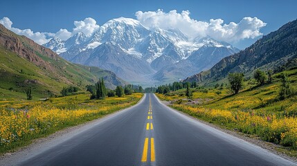 Naklejka premium Panoramic view of a beautiful mountain road in front of snow-capped mountains.