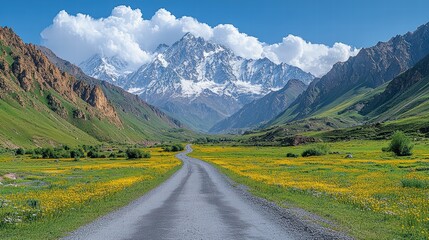A winding road leads through a valley in the mountains, with snow capped peaks and lush greenery