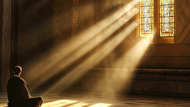 Churchgoer in Prayer Under Stained Glass Window Light