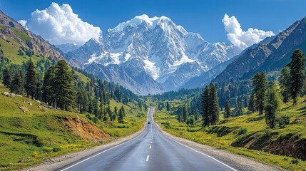 Fototapeta premium A winding road leads through a valley in the mountains, with snow capped peaks and lush greenery