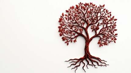 Naklejka premium A stylized tree with red leaves and intricate branches, symbolizing nature and life, set against a clean white background.