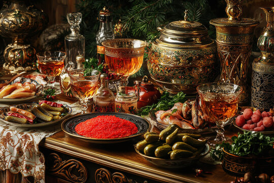 Experience the richness of a traditional Russian zakuski table adorned with smoked sturgeon and red caviar