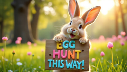 Playful bunny holding a sign that reads "Egg Hunt This Way!" in a colorful flower field, celebrating Easter fun