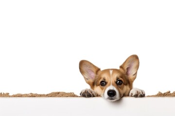 Curious Welsh Corgi Dog Peeking Over Wall. Isolated on White. Adorable Domestic Canine with Brown Fur and Funny Expression. Plenty of Copy Space. 3:2 Aspect Ratio