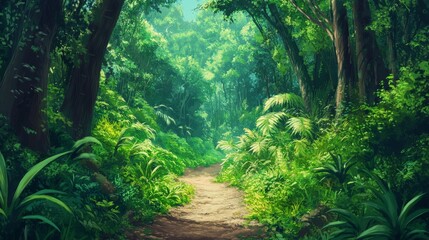 panoramic side view inside a dense green spring deciduous forest with a deserted dirt road in the center. beautiful woodland landscape. widescreen format 20x5
