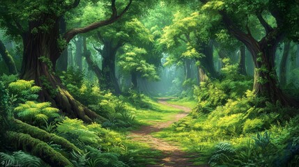 Fototapeta premium panoramic side view inside a dense green spring deciduous forest with a deserted dirt road in the center. beautiful woodland landscape. widescreen format 20x5