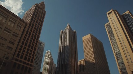 Fototapeta premium Upward view of modern skyscrapers in a city, showcasing the architectural design and urban landscape under a clear blue sky.