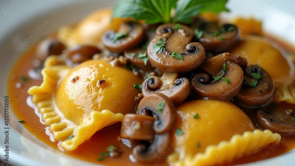 Poster the image shows a plate of ravioli with mushrooms and a poached egg. the raviolis are arranged in a 