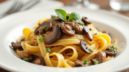 The image shows a plate of pasta dish on a wooden table. The pasta appears to be fettuccine alfredo, which is a type of Italian pasta.