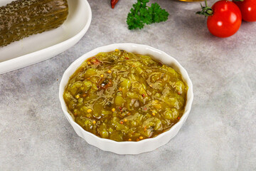 Souce gherkin relish with marinated cucumbers