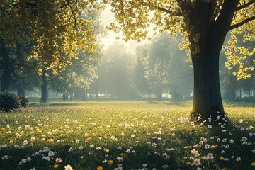 Obraz premium Green grass with trees and sun rays in the park