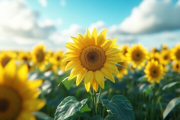 Fototapeta premium Sunflowers field on sky background