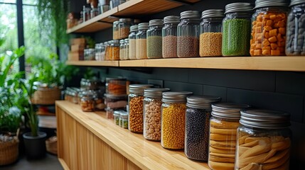 Exploring a vibrant pantry filled with assorted jars and natural ingredients in a cozy kitchen setup