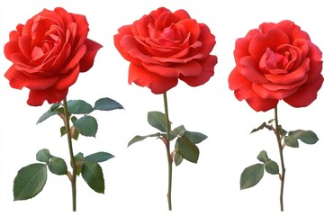 A high-resolution collection of three bright red roses, isolated as PNG cutout on a transparent background with smooth, crisp edges.