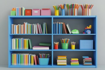Colorful books, pencils, and toys on a blue shelf in a classroom, perfect for education websites