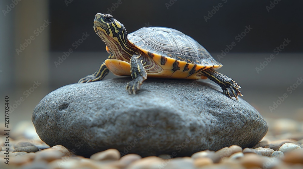 Poster turtle basking on a smooth rock surrounded by lush greenery in a serene pond setting