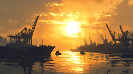 Obraz premium A ship's journey past towering cranes and cargo ships, a serene harbor scene unfolds. the calm waters reflect the sun's glow. Serene Harbor. Illustration