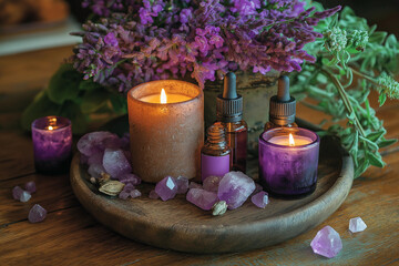 Relaxing spa setting with candles, essential oils, and crystals.