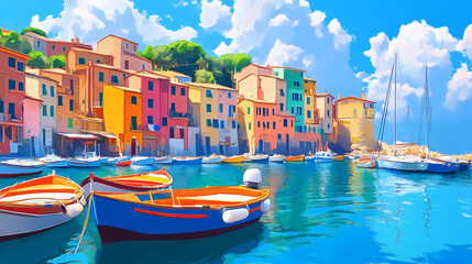 Colorful boats moored in a serene harbor with vibrant buildings and blue skies. Serene Harbor. Illustration