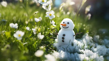 Obraz premium Snowman on a meadow with grass and spring flowers growing through the melting snow. Concept of spring coming and winter leaving.