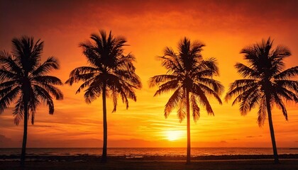 Palm trees against a gorgeous orange and yellow sunset at the beach