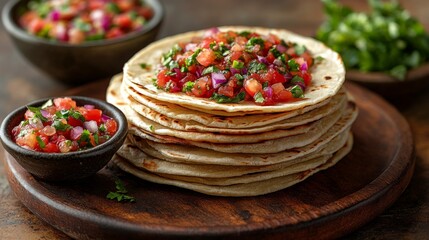 Fototapeta premium Freshly made tortillas served with salsa and lime wedges in a rustic setting