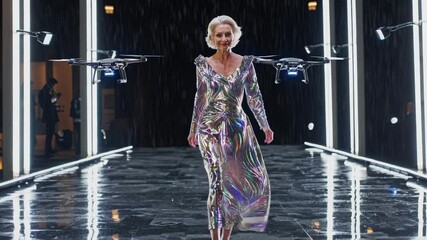 Fashion show features innovative drone technology and striking metallic dress in a dramatic setting - Powered by Adobe