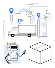 Truck on a delivery route GPS location pins robotic assistant, cargo, and warehouse. Ideal for technology, logistics, delivery services, automation, smart transportation, supply chain, robotics