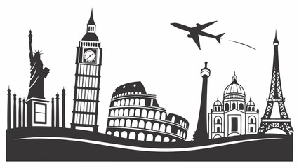 Obraz premium big ben and houses, Silhouetted landmarks and an airplane create a travel-themed design showcasing famous international sites